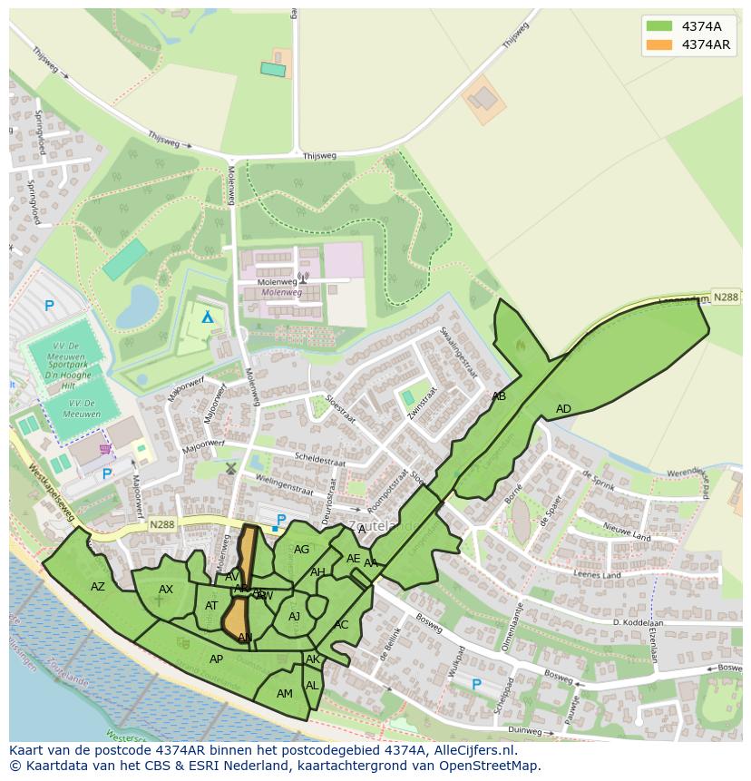 Afbeelding van het postcodegebied 4374 AR op de kaart.