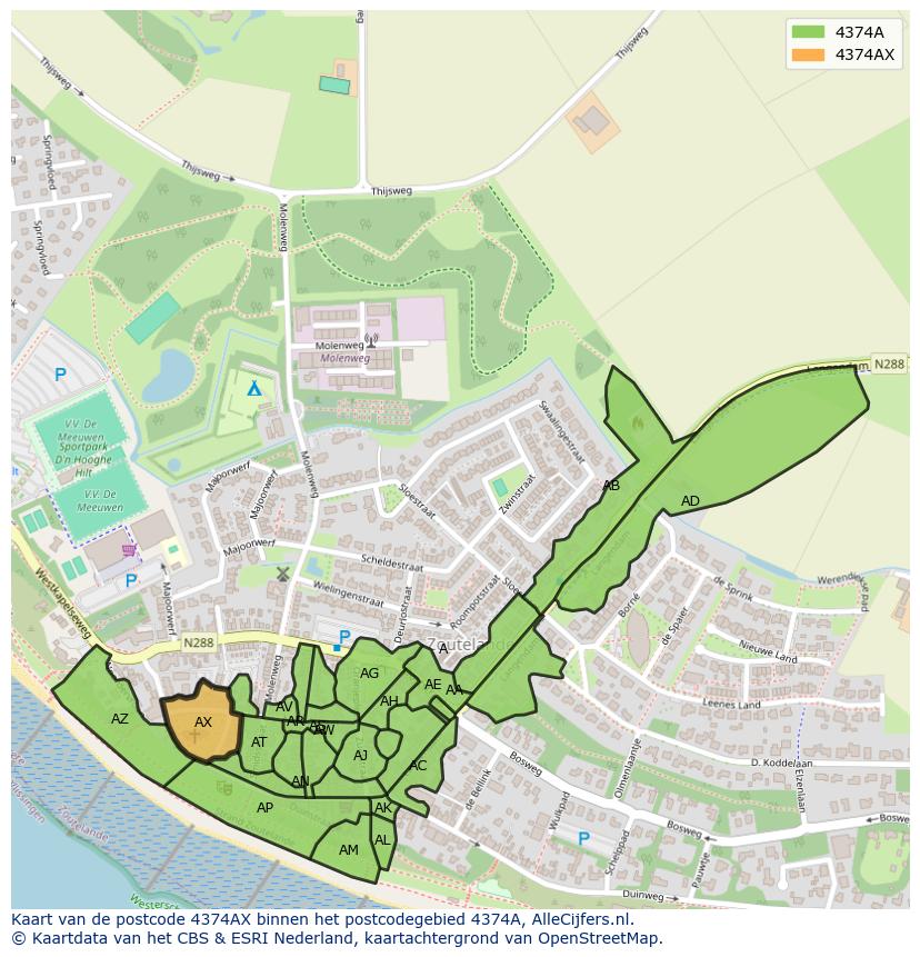 Afbeelding van het postcodegebied 4374 AX op de kaart.