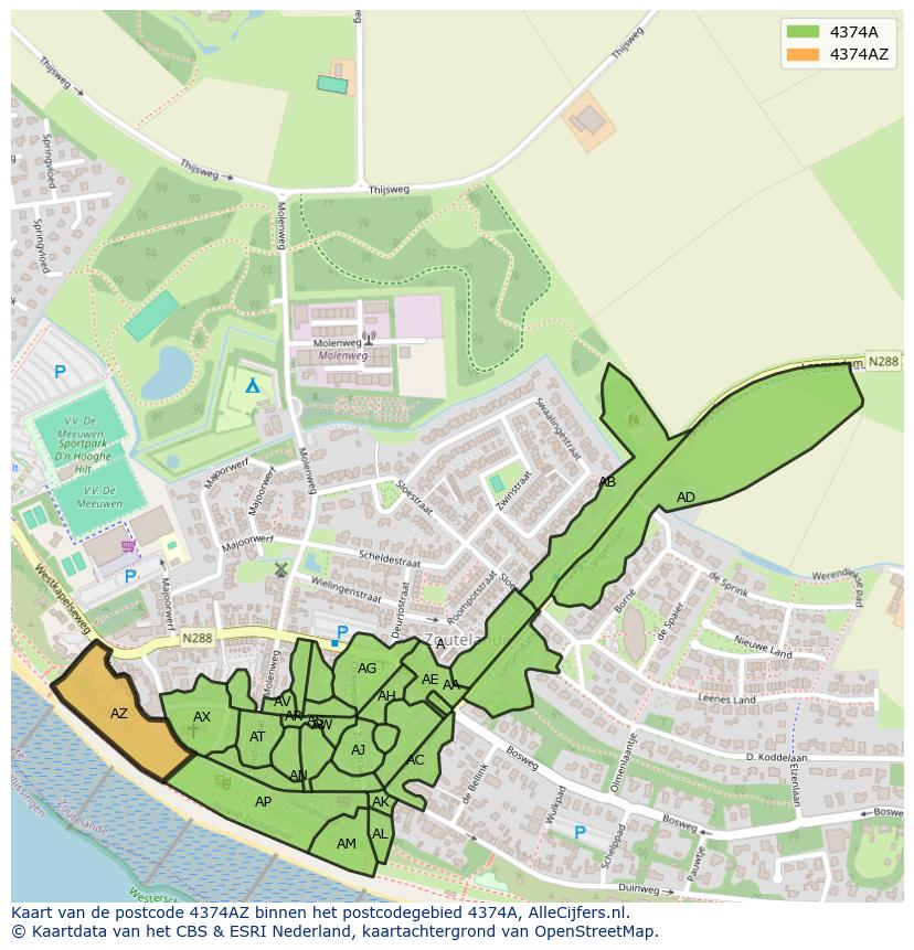 Afbeelding van het postcodegebied 4374 AZ op de kaart.