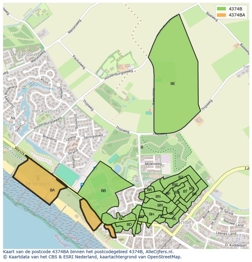 Afbeelding van het postcodegebied 4374 BA op de kaart.