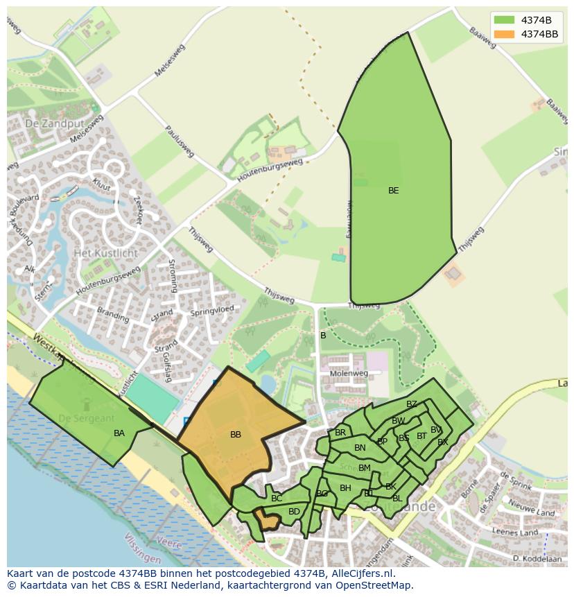 Afbeelding van het postcodegebied 4374 BB op de kaart.