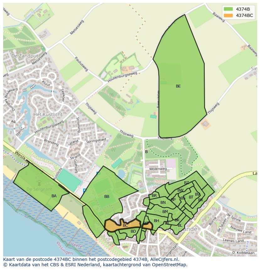 Afbeelding van het postcodegebied 4374 BC op de kaart.