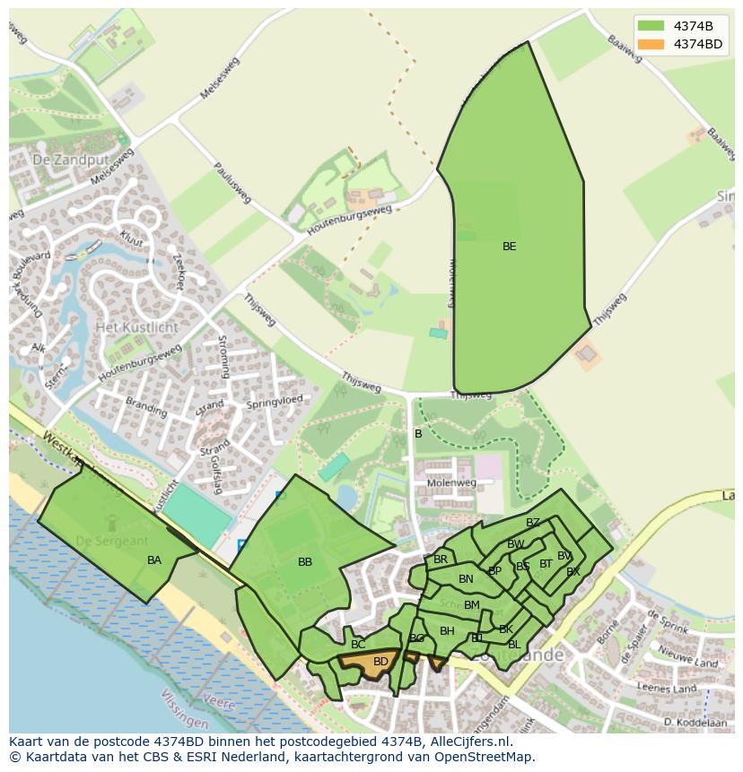 Afbeelding van het postcodegebied 4374 BD op de kaart.