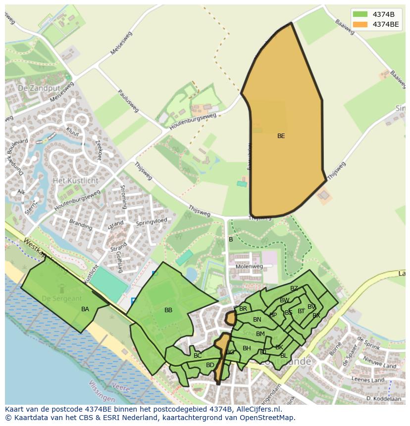 Afbeelding van het postcodegebied 4374 BE op de kaart.