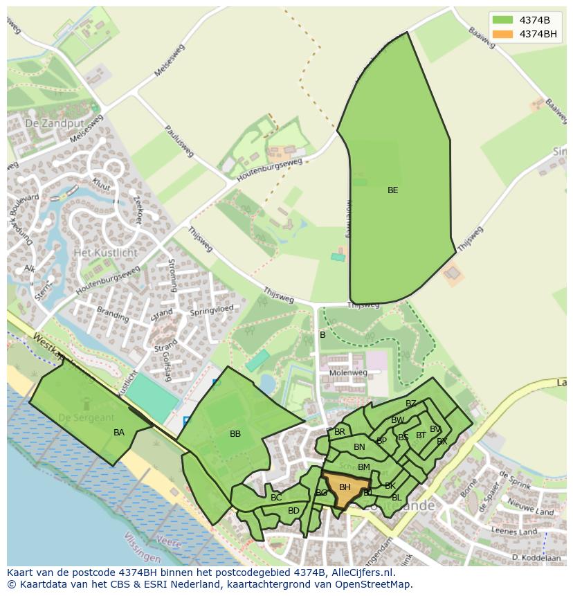 Afbeelding van het postcodegebied 4374 BH op de kaart.