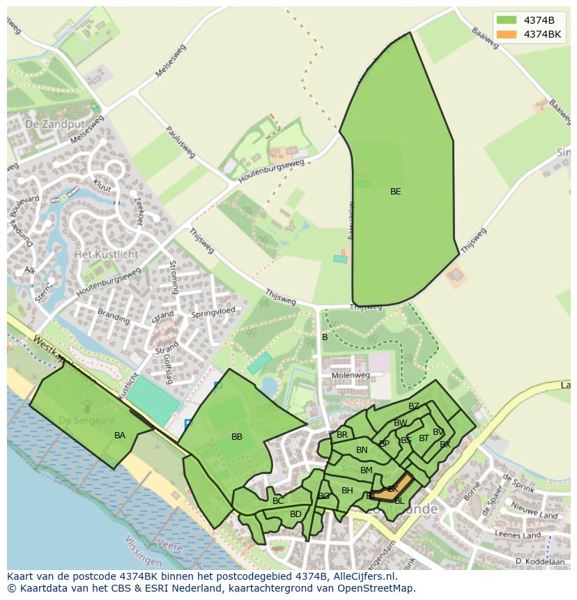 Afbeelding van het postcodegebied 4374 BK op de kaart.