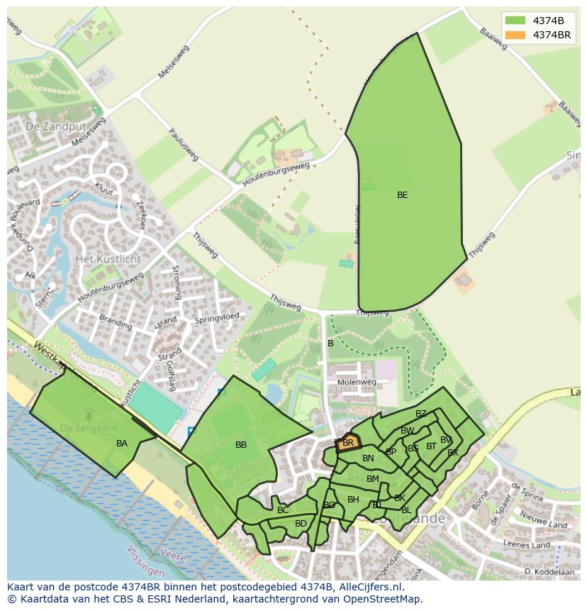 Afbeelding van het postcodegebied 4374 BR op de kaart.