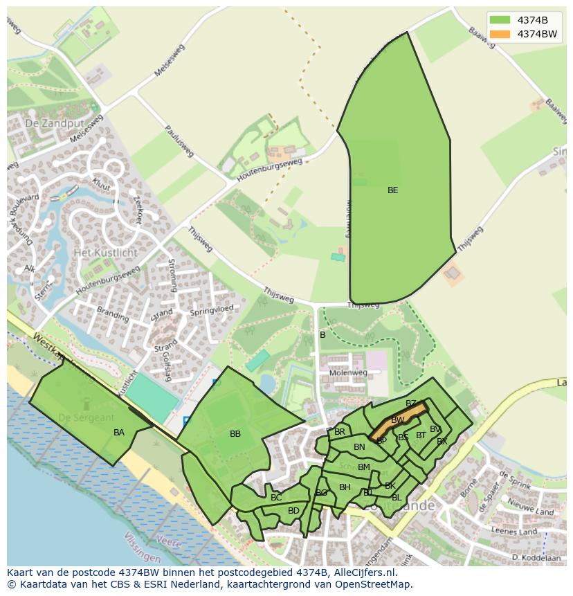 Afbeelding van het postcodegebied 4374 BW op de kaart.