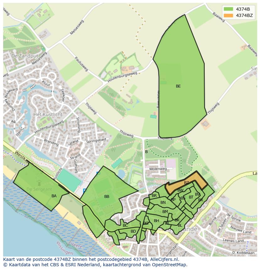Afbeelding van het postcodegebied 4374 BZ op de kaart.