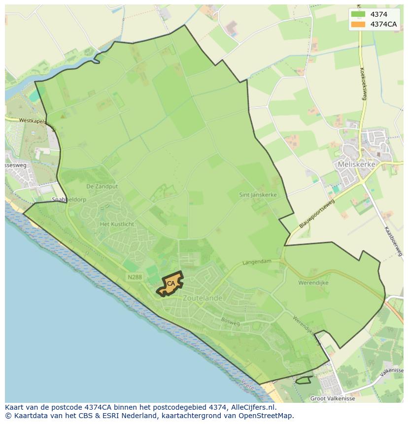 Afbeelding van het postcodegebied 4374 CA op de kaart.