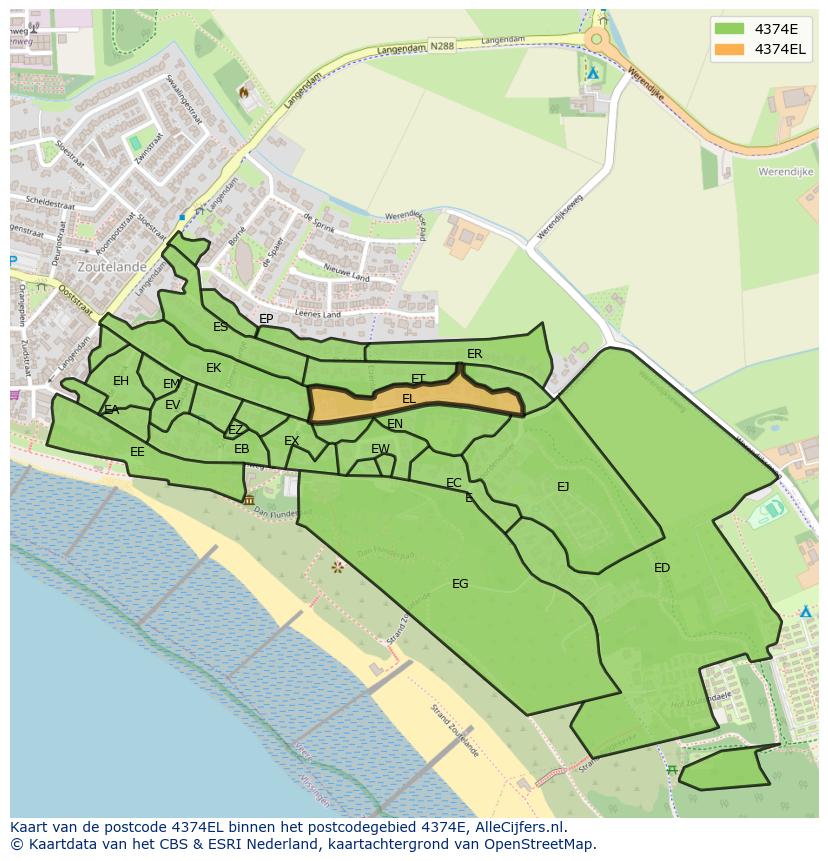 Afbeelding van het postcodegebied 4374 EL op de kaart.