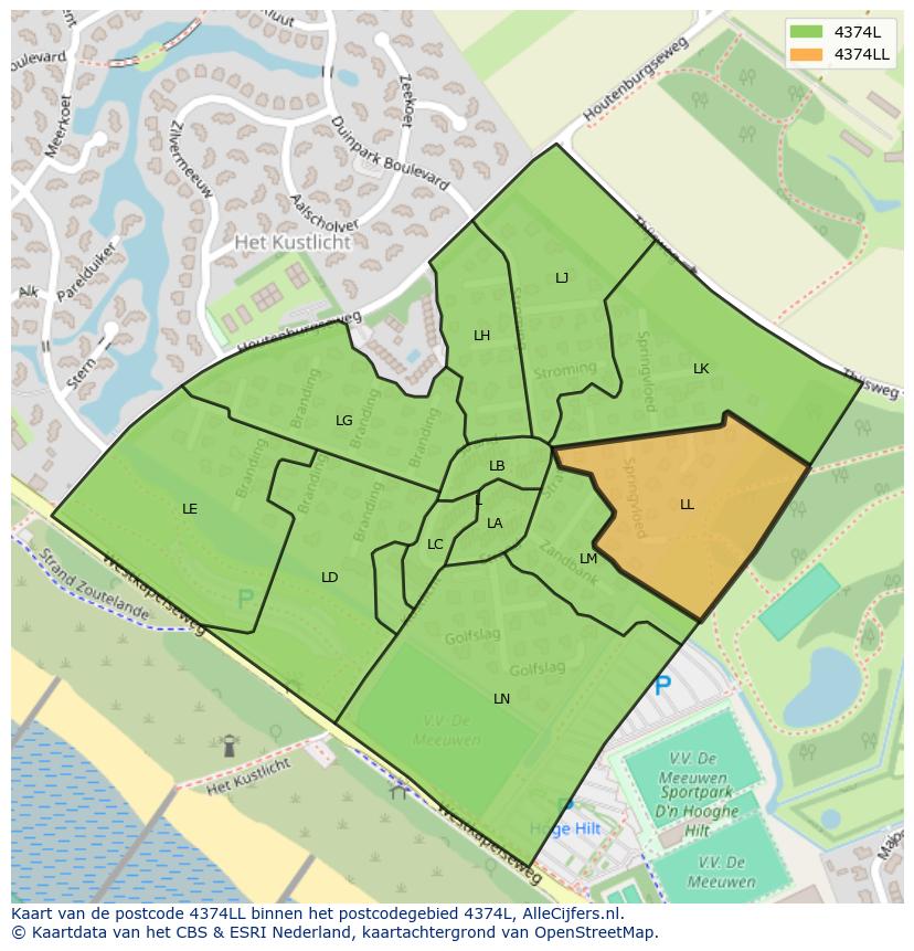Afbeelding van het postcodegebied 4374 LL op de kaart.
