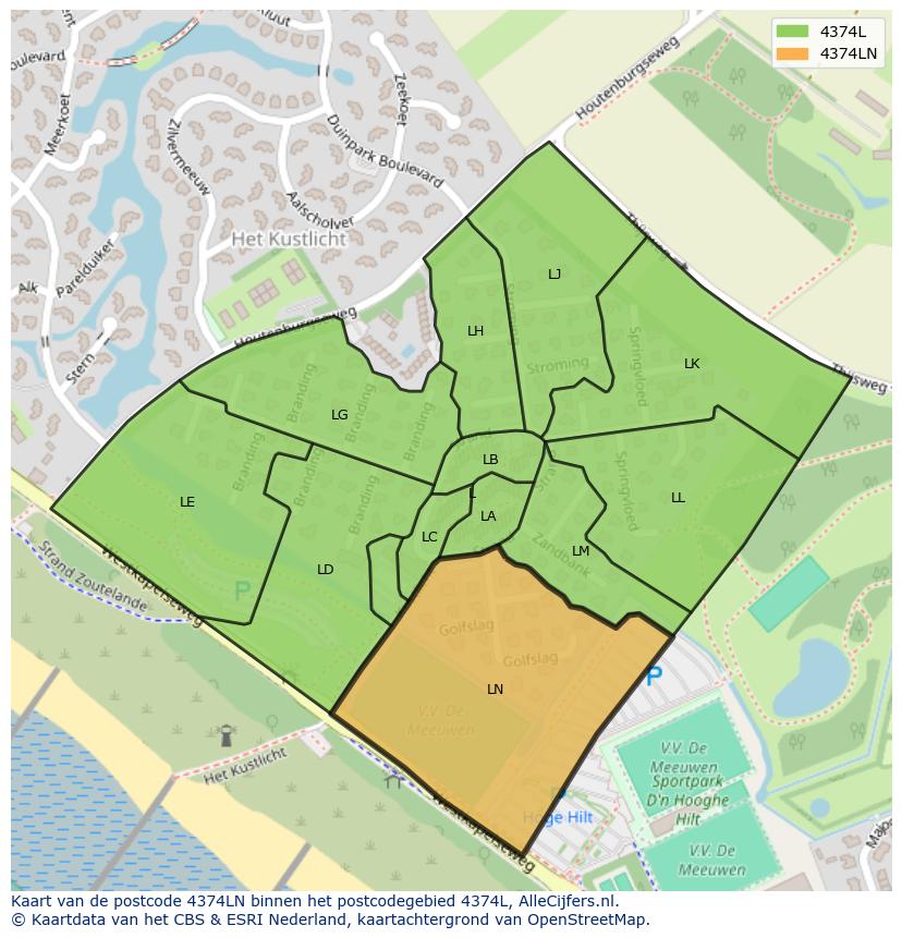 Afbeelding van het postcodegebied 4374 LN op de kaart.