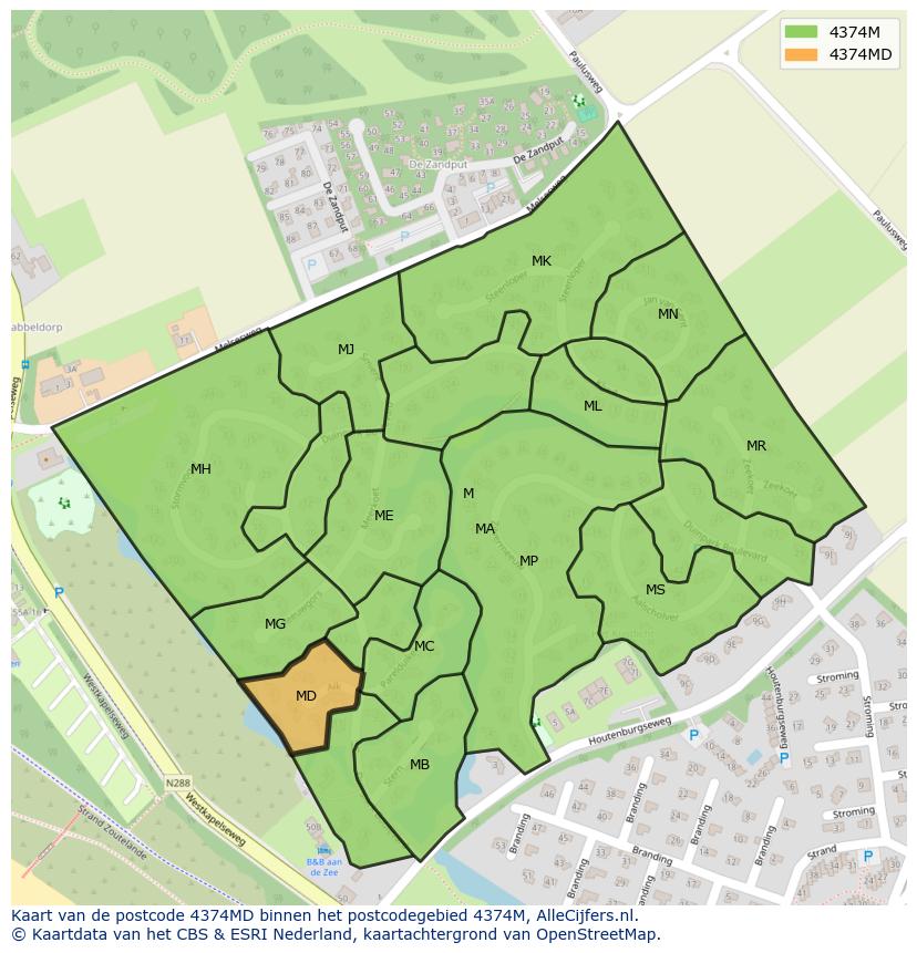 Afbeelding van het postcodegebied 4374 MD op de kaart.