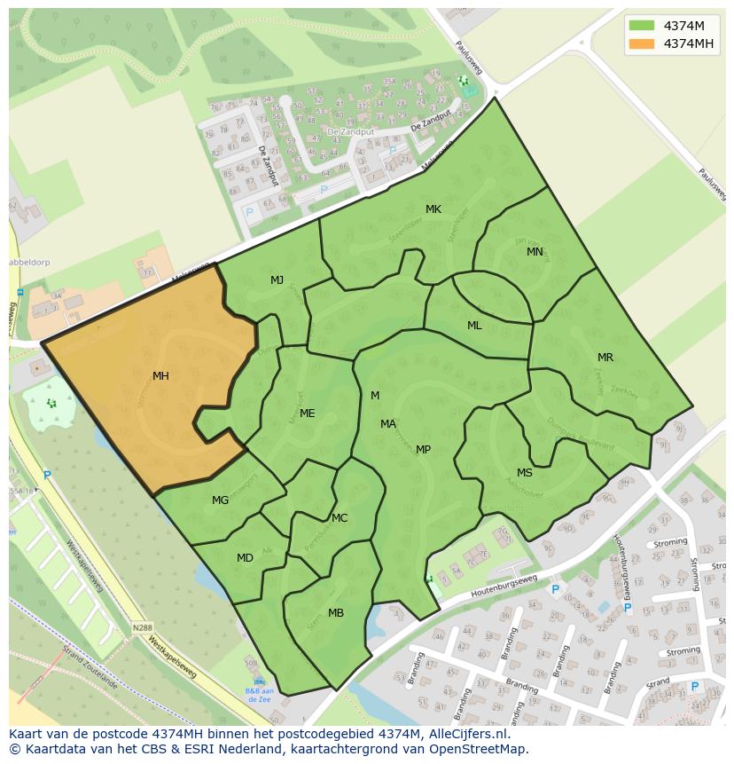 Afbeelding van het postcodegebied 4374 MH op de kaart.
