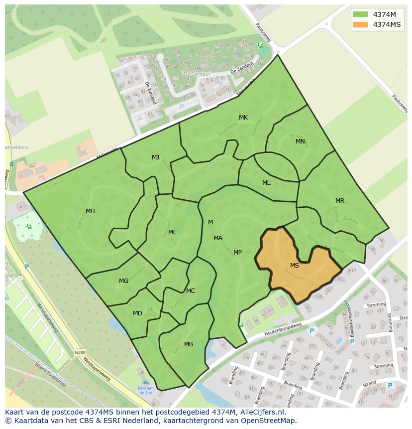 Afbeelding van het postcodegebied 4374 MS op de kaart.