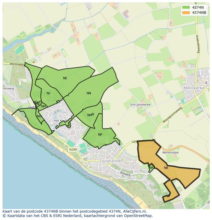 Afbeelding van het postcodegebied 4374 NB op de kaart.