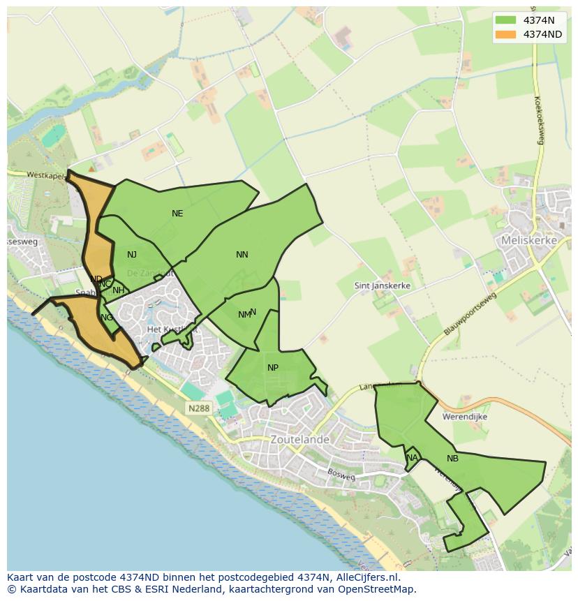 Afbeelding van het postcodegebied 4374 ND op de kaart.
