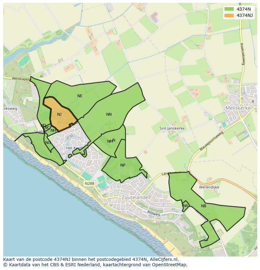 Afbeelding van het postcodegebied 4374 NJ op de kaart.