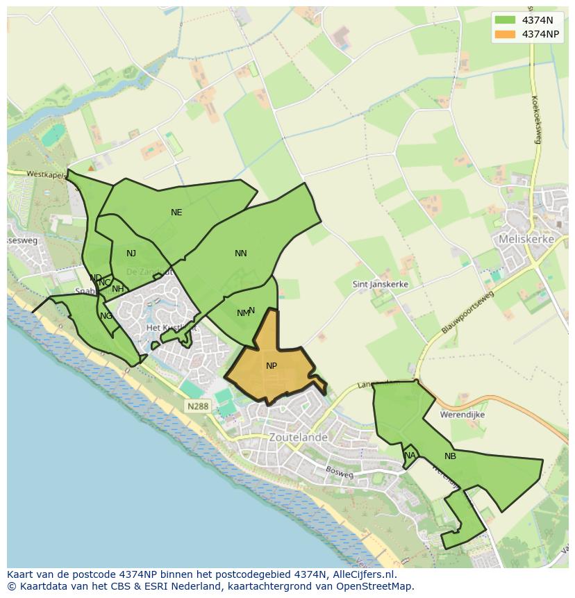 Afbeelding van het postcodegebied 4374 NP op de kaart.