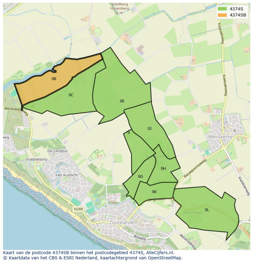 Afbeelding van het postcodegebied 4374 SB op de kaart.
