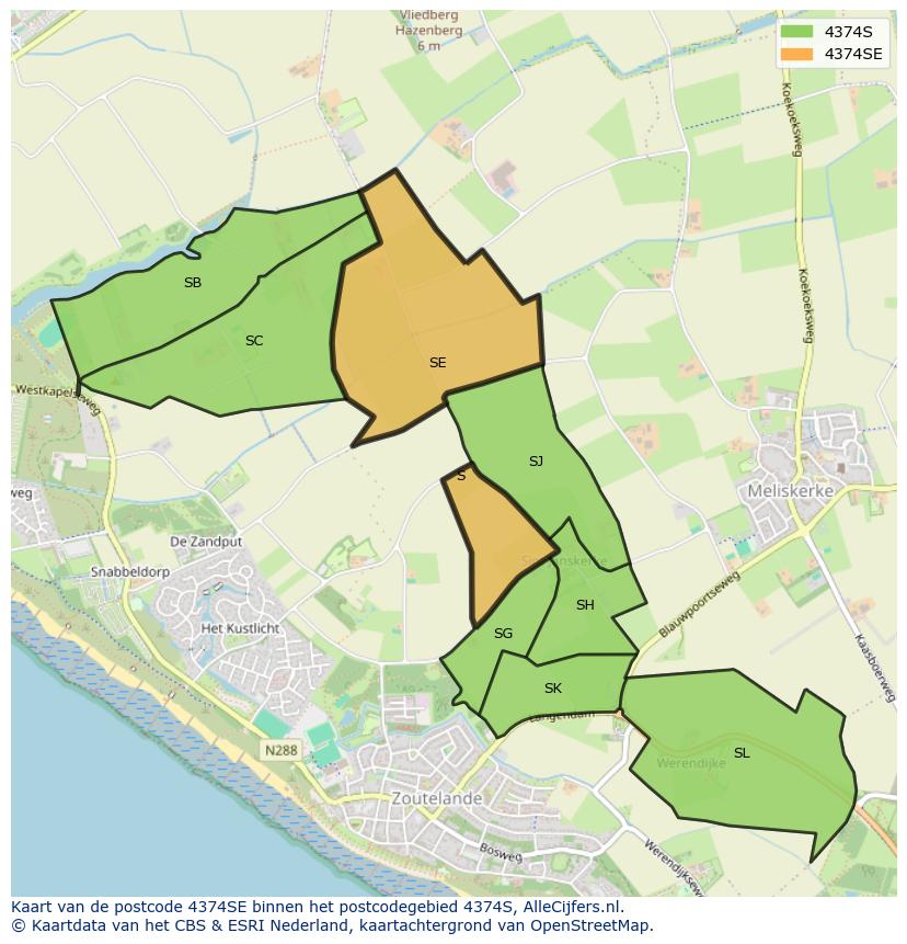 Afbeelding van het postcodegebied 4374 SE op de kaart.