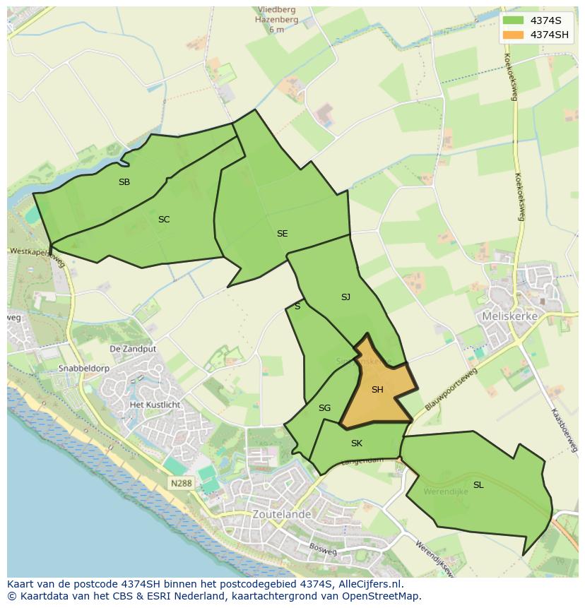 Afbeelding van het postcodegebied 4374 SH op de kaart.