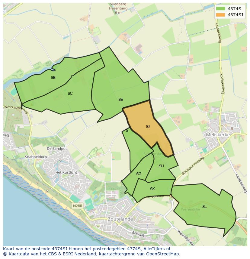 Afbeelding van het postcodegebied 4374 SJ op de kaart.
