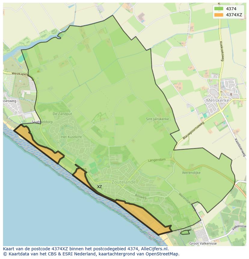 Afbeelding van het postcodegebied 4374 XZ op de kaart.