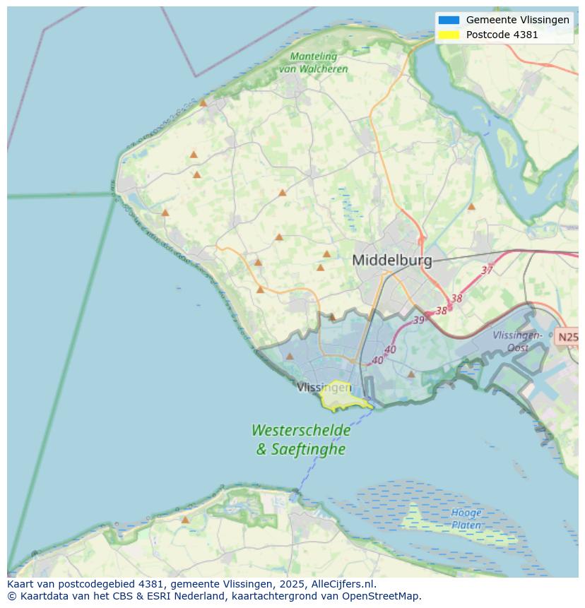Afbeelding van het postcodegebied 4381 op de kaart.
