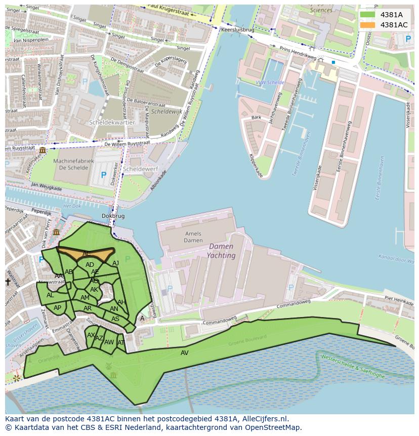 Afbeelding van het postcodegebied 4381 AC op de kaart.