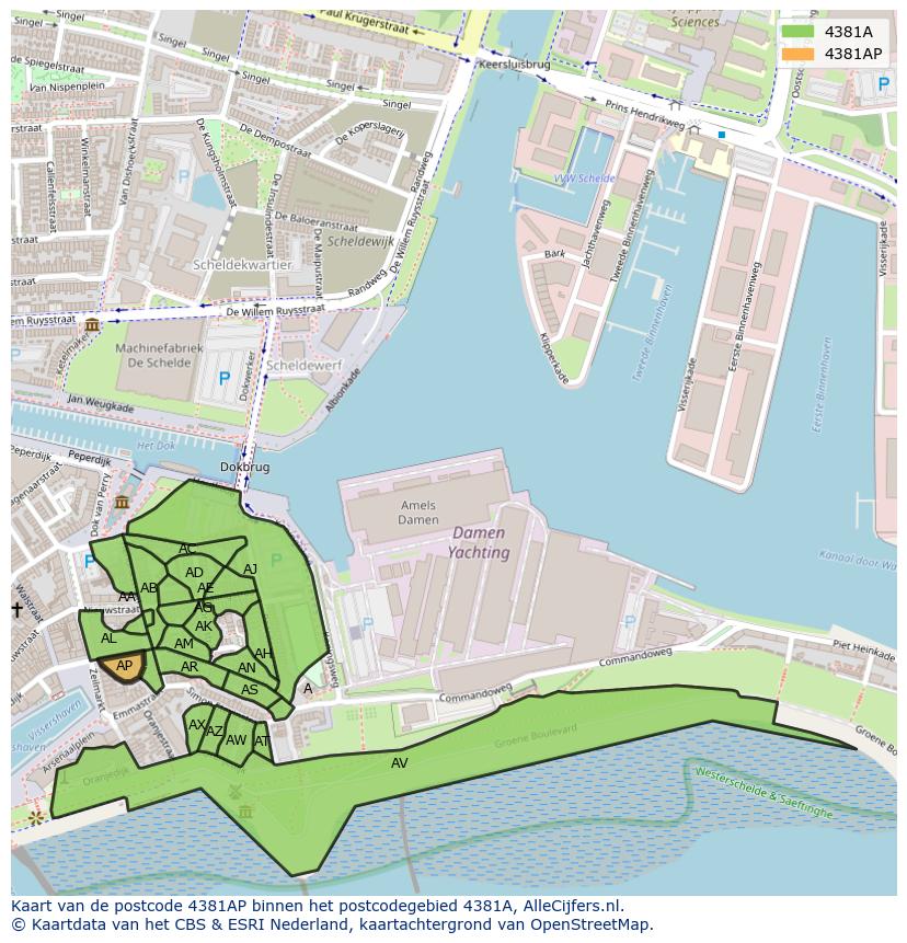 Afbeelding van het postcodegebied 4381 AP op de kaart.