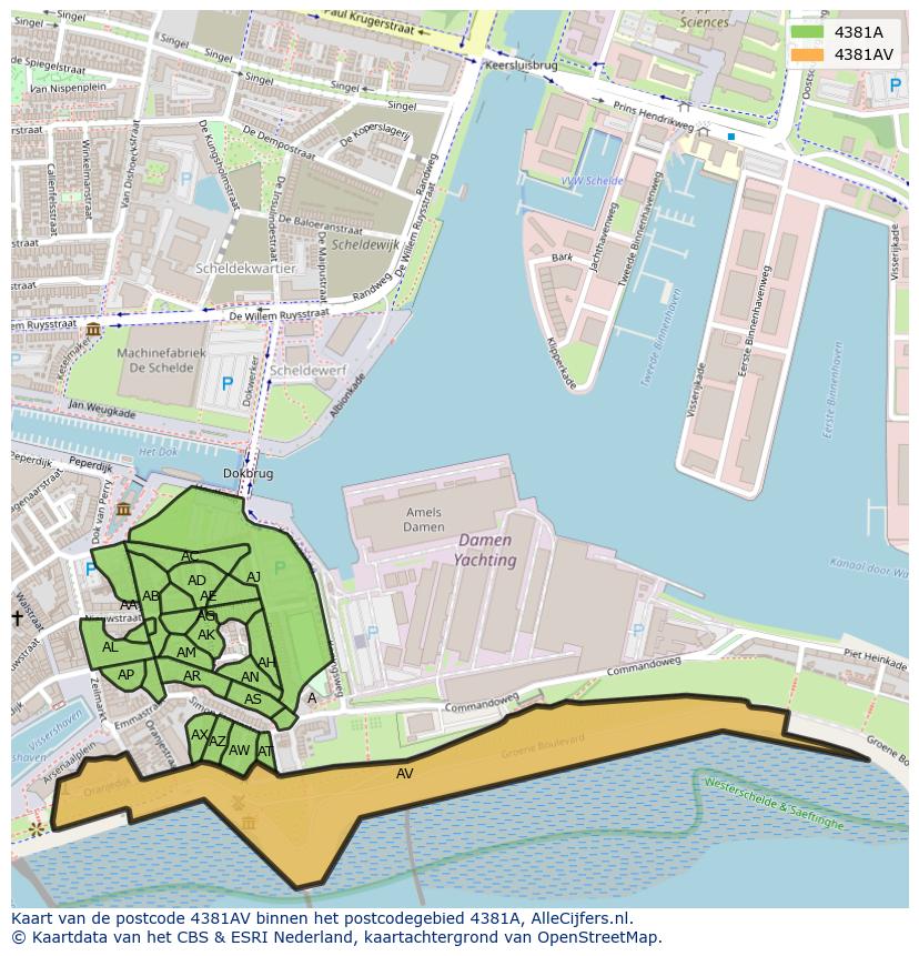Afbeelding van het postcodegebied 4381 AV op de kaart.