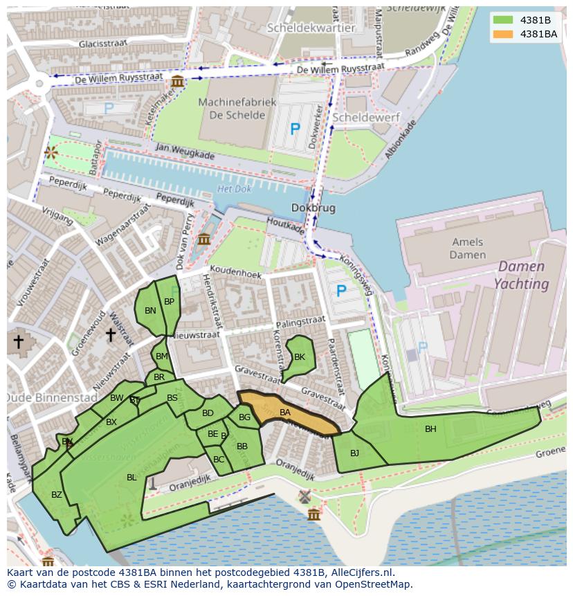 Afbeelding van het postcodegebied 4381 BA op de kaart.
