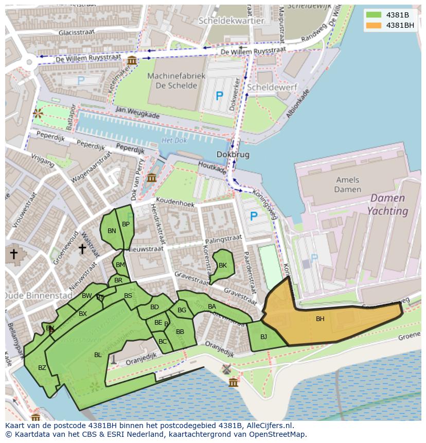 Afbeelding van het postcodegebied 4381 BH op de kaart.