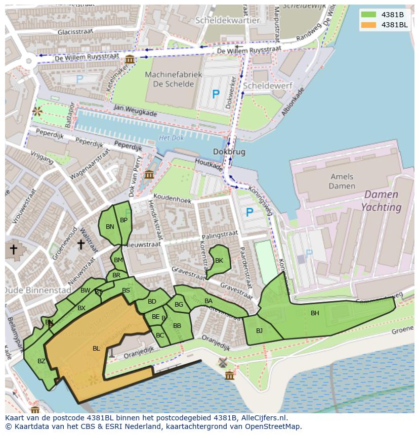 Afbeelding van het postcodegebied 4381 BL op de kaart.