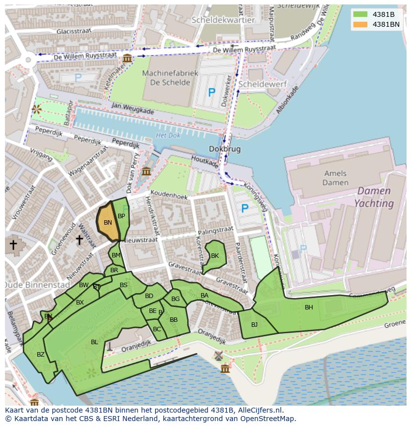 Afbeelding van het postcodegebied 4381 BN op de kaart.