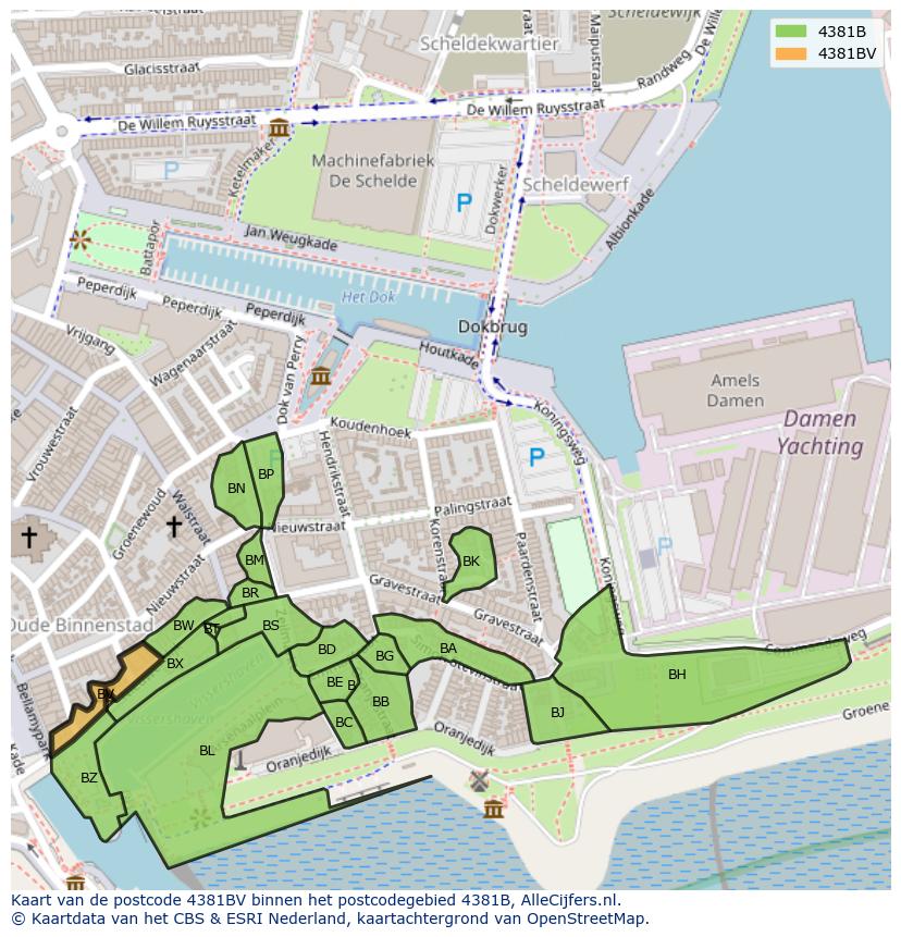 Afbeelding van het postcodegebied 4381 BV op de kaart.