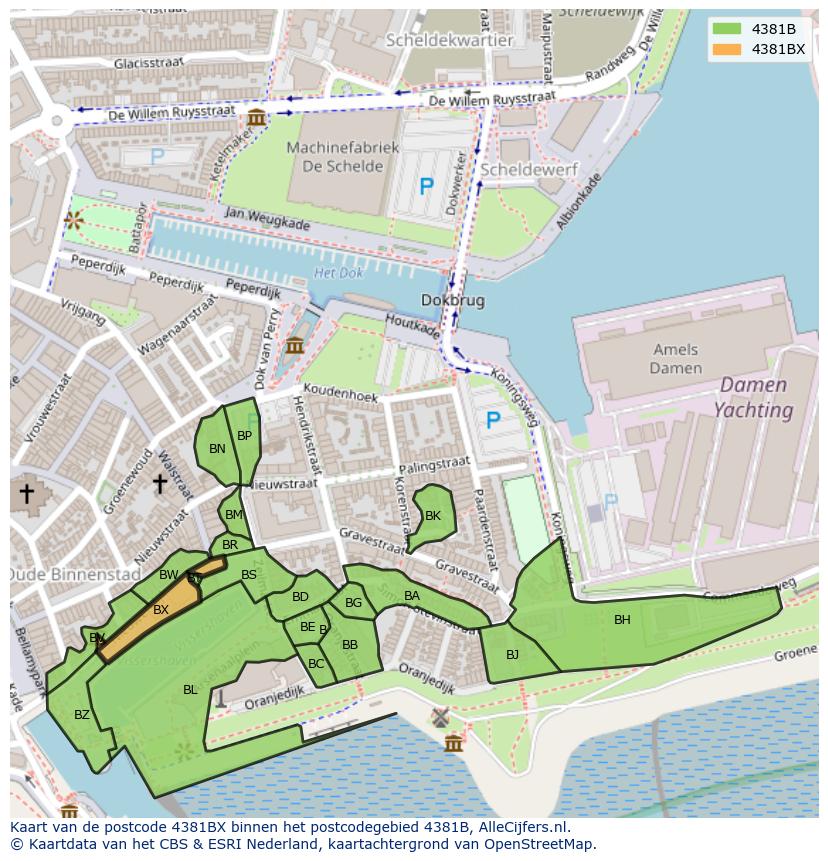 Afbeelding van het postcodegebied 4381 BX op de kaart.
