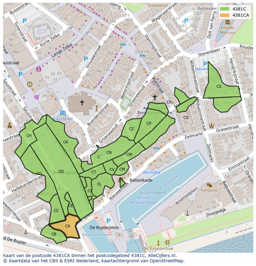 Afbeelding van het postcodegebied 4381 CA op de kaart.