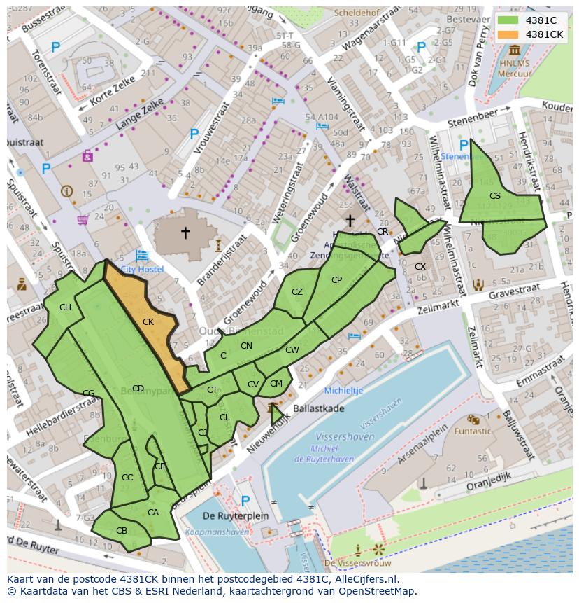 Afbeelding van het postcodegebied 4381 CK op de kaart.