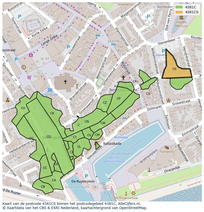 Afbeelding van het postcodegebied 4381 CS op de kaart.