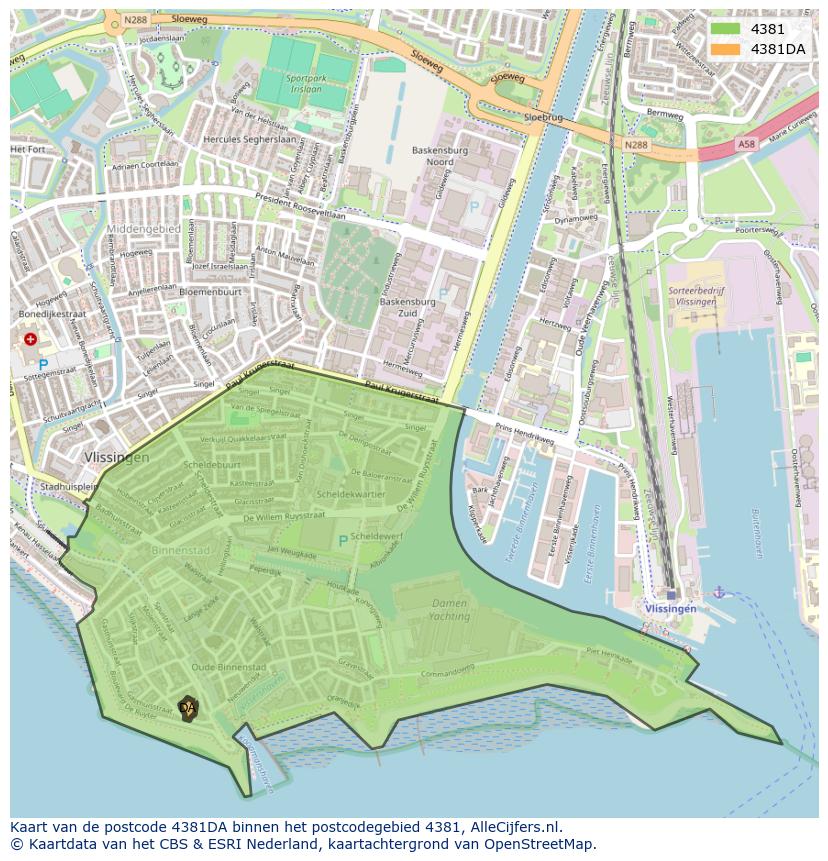 Afbeelding van het postcodegebied 4381 DA op de kaart.