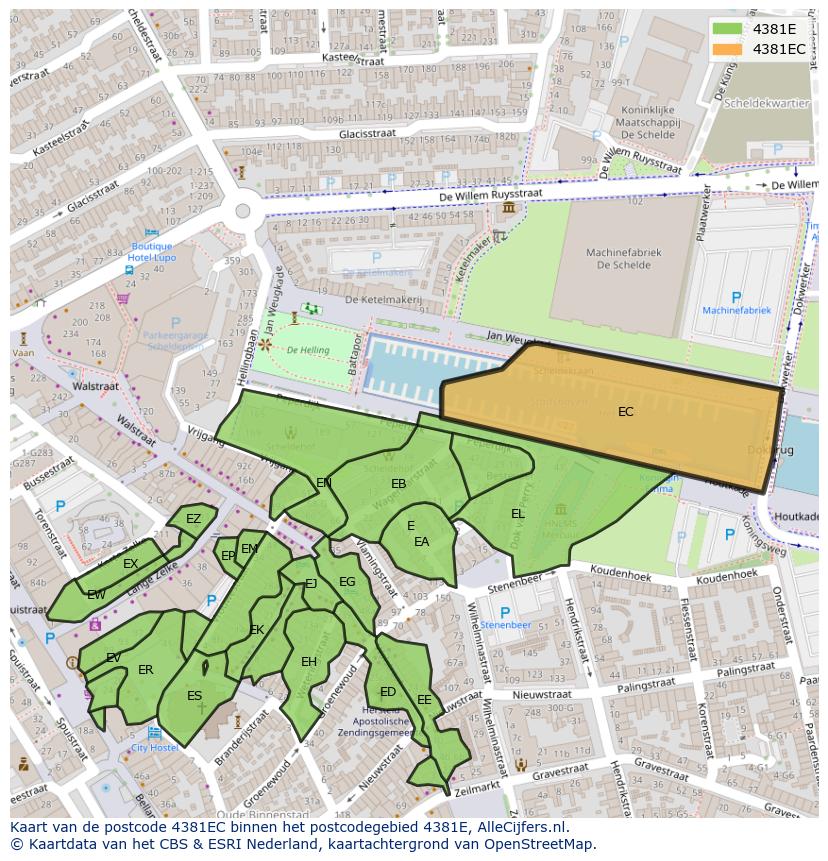 Afbeelding van het postcodegebied 4381 EC op de kaart.
