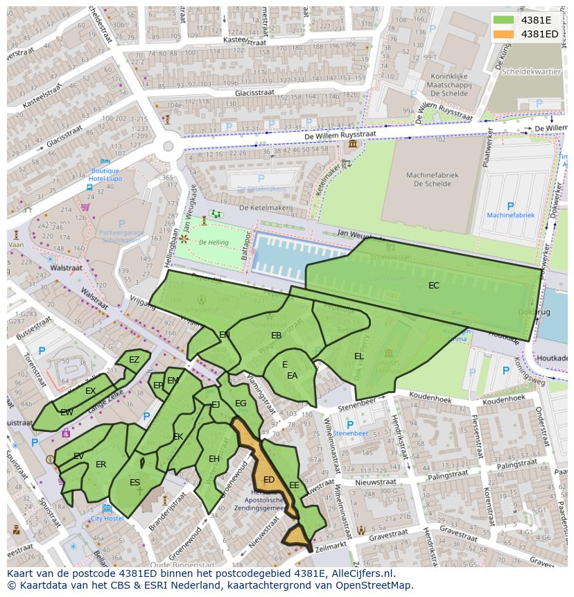Afbeelding van het postcodegebied 4381 ED op de kaart.