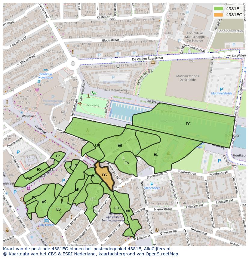 Afbeelding van het postcodegebied 4381 EG op de kaart.