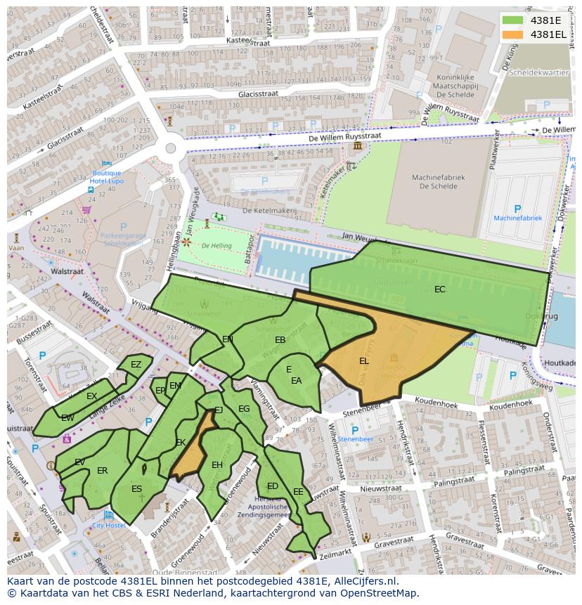 Afbeelding van het postcodegebied 4381 EL op de kaart.