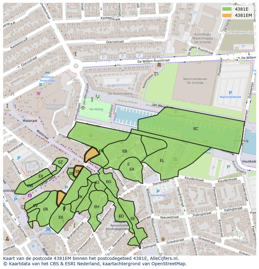 Afbeelding van het postcodegebied 4381 EM op de kaart.