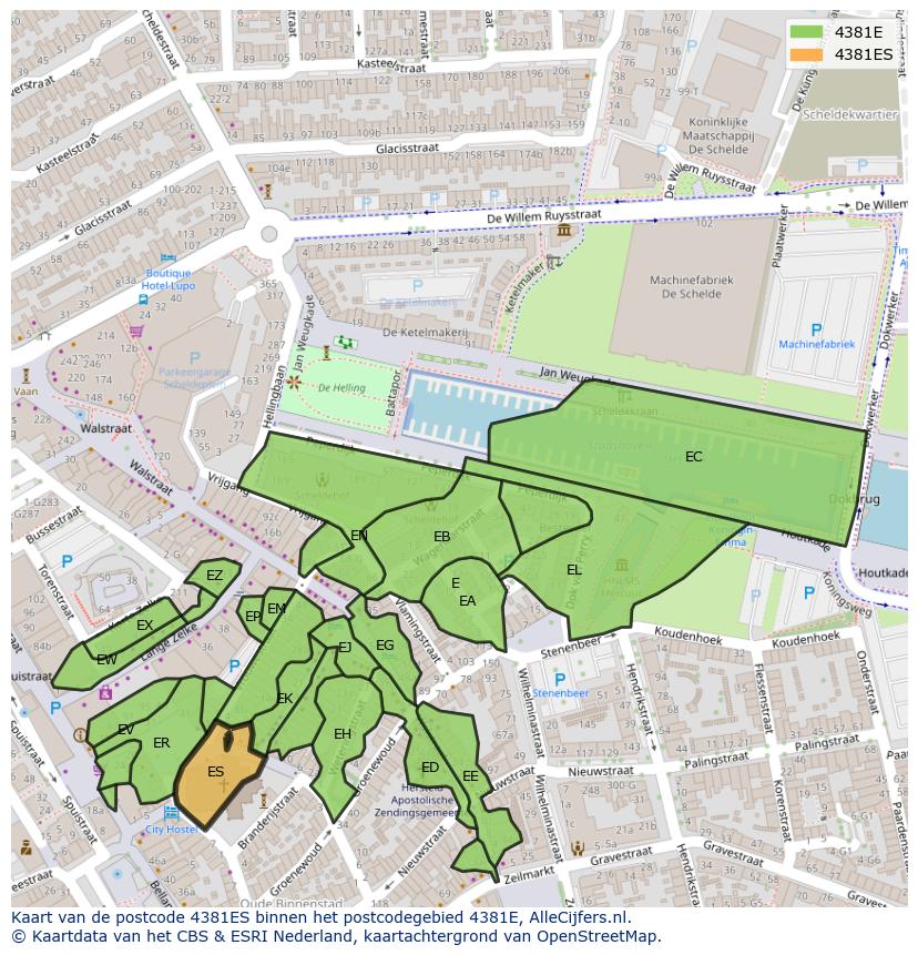Afbeelding van het postcodegebied 4381 ES op de kaart.
