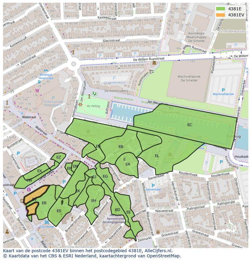 Afbeelding van het postcodegebied 4381 EV op de kaart.